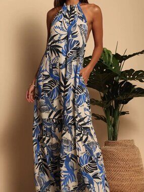 Shore Brand Blue Parrot Halter Maxi Dress Small